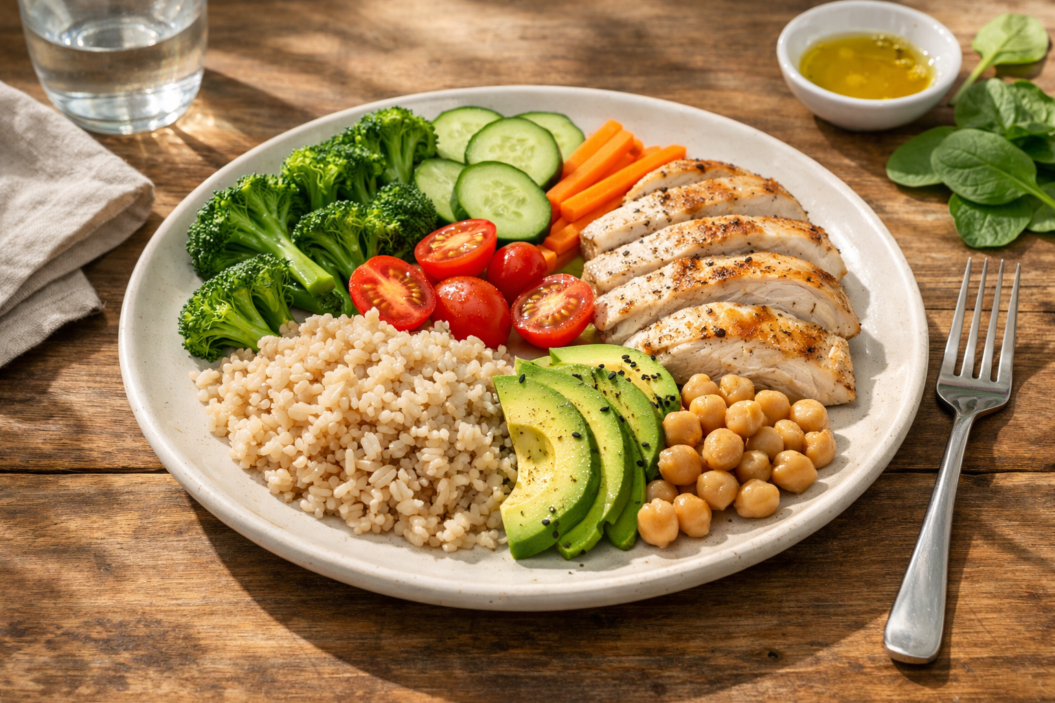 Balanced plate with fresh vegetables, lean protein, and whole grains arranged in a simple, natural composition on a wooden table with soft morning light